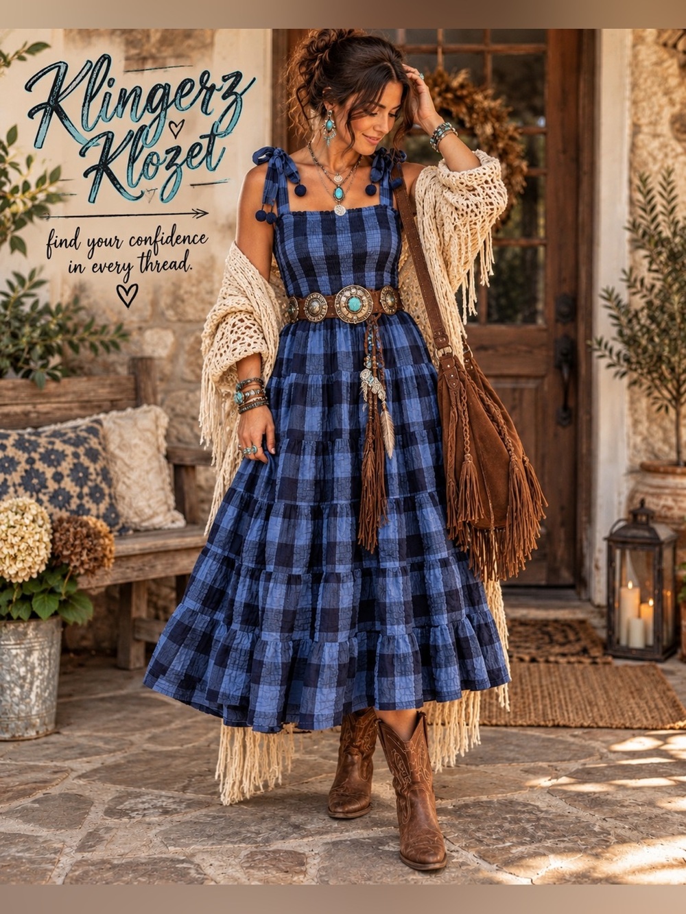 Crown & Ivy Blue Plaid Smocked Tiered Cotton Midi Dress Size Large